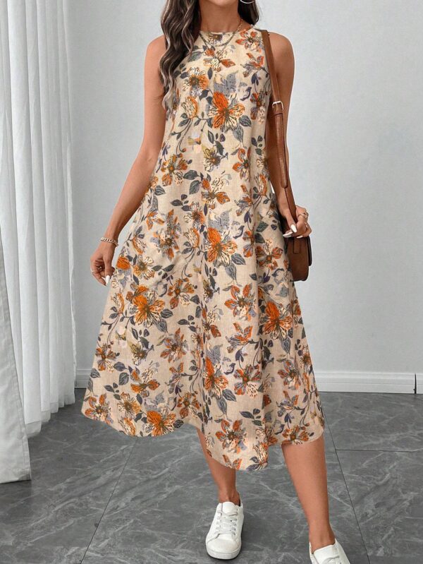 Round Neck Sleeveless Flared Hem Retro Floral Print Casual Elegant Midi Dress - Image 2