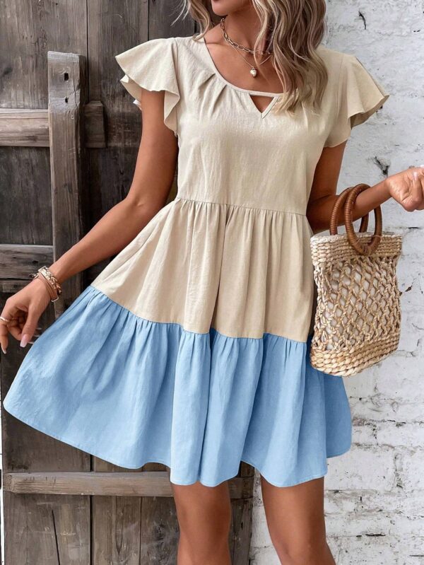 Colorblock Keyhole Neckline Ruffle Hem Smock Dress - Image 3