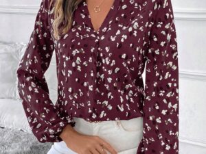 Women's V-Neck All-Over Print Elegant Long Sleeve Blouse,Long Sleeve Tops