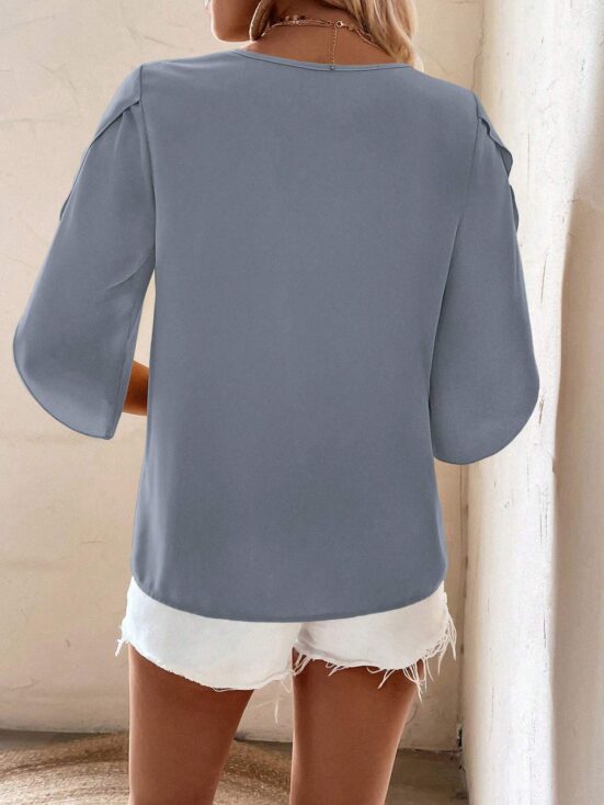 Solid Asymmetrical Neck Petal Sleeve Blouse - Image 2