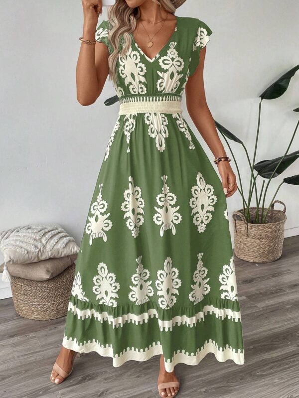 Trim Cap Sleeve Cinched Waist Ruffle Hem A-Line Dress - Image 4