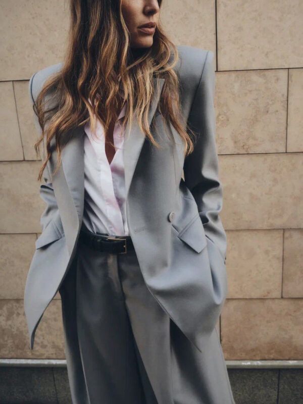 Gray Single-button Blazer & Wide-leg Pants Suit - Image 6