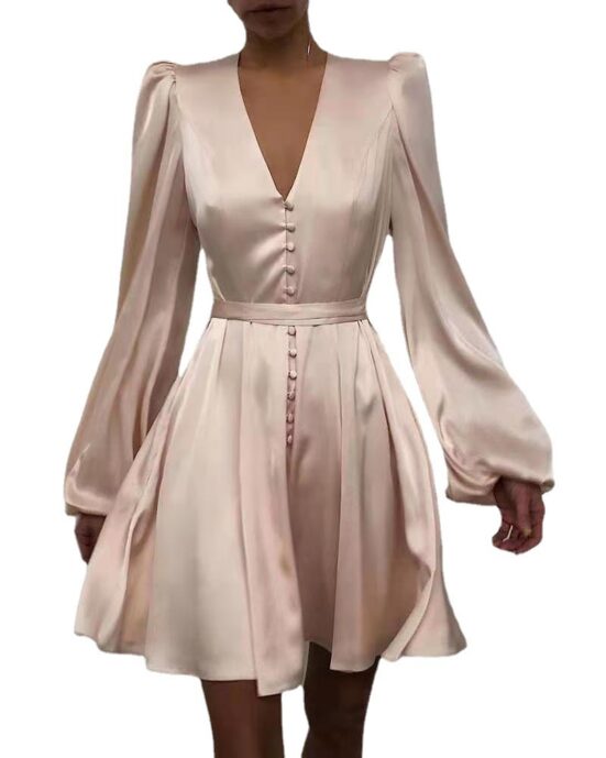Commuter Solid Color High Waist Lantern Sleeve Long Dress - Image 3