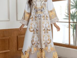 Ladies' Round Neck Rhinestone Decorative Print Long Abayalian Dress