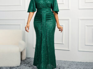 High Waist V-neck Pure Color Sequins Shoulder Sleeve Dress Women's Long Formal Dress