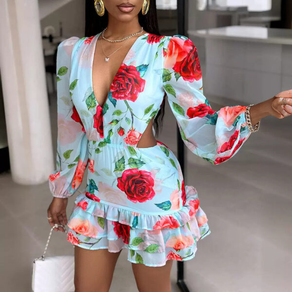 Fashion V-neck Fashion Women Hollow Out Printed Dress - Image 4