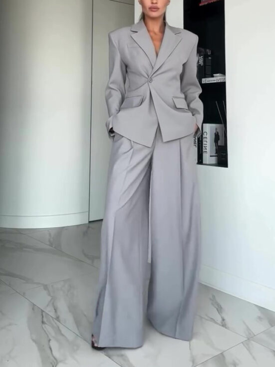 Gray Single-button Blazer & Wide-leg Pants Suit - Image 7