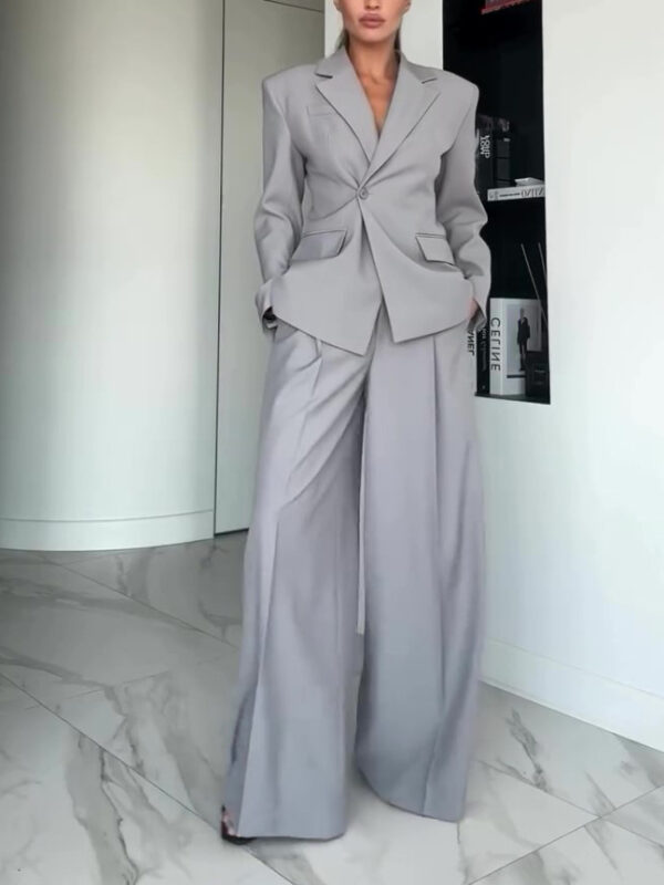Gray Single-button Blazer & Wide-leg Pants Suit - Image 7