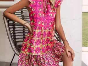 Printed Sleeveless Dress Summer Fashion V-Neck Lace-up Straight Dresses For Womens Clothing