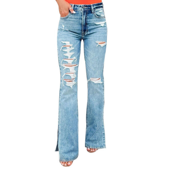 Ladies Jeans High Waist Ripped Slightly Stretch Split Trousers - Image 5