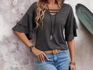 Women's V-neck Flounce Fashion T-shirt