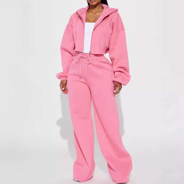 European And American Hooded Front Cardigan Zipper Sweater Wide Leg Loose Trousers Suit - Image 10