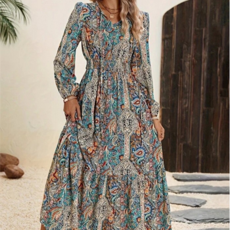 Women's Autumn Digital Printing Ruffled Hem Dress