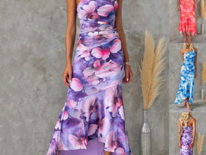 Flowers Print One-shoulder Dress Summer INS Casual Suspender Long Dresses Womens Clothing