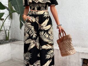 Ladies' Tropical Printed Off Shoulder Top With Lace Trim And Wide Leg Pants Set
