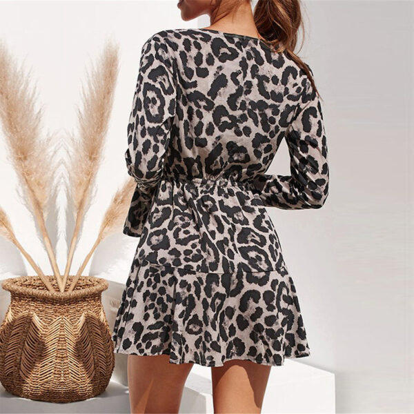 Leopard Print Waist-controlled Slimming Long Sleeve Lace-up Dress - Image 4