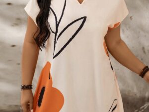 Plus Size Floral Print Notch Neck Batwing Sleeve Summer Dress