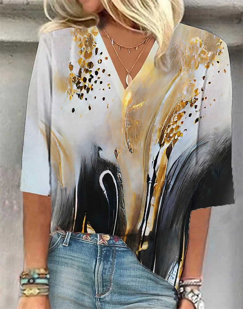 Cross-border Amazon Clothing 3D Printed V-neck Pullover Leisure Cropped POD Customization - Image 5