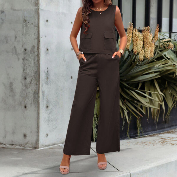 Leisure Solid Color Sleeveless Top Wide Leg Trousers Suit - Image 4