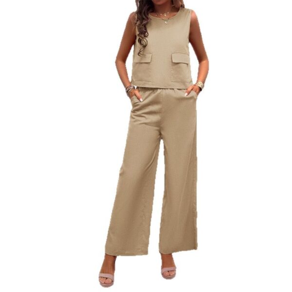Leisure Solid Color Sleeveless Top Wide Leg Trousers Suit - Image 6