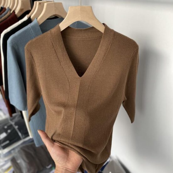Ice Silk Slim Fit Slim Looking Base Knitwear Short Sleeve - Image 4