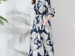 New Waist-controlled Lace-up 34 Sleeve V-neck Printed Skirt