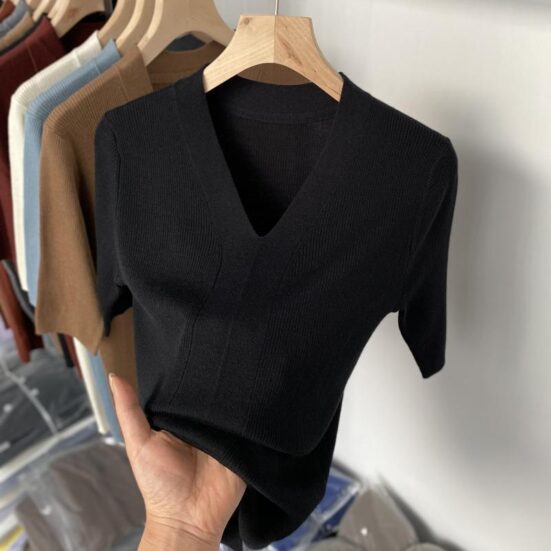 Ice Silk Slim Fit Slim Looking Base Knitwear Short Sleeve - Image 9