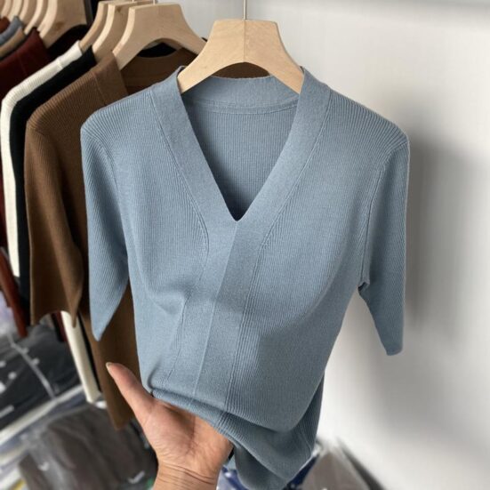 Ice Silk Slim Fit Slim Looking Base Knitwear Short Sleeve - Image 5
