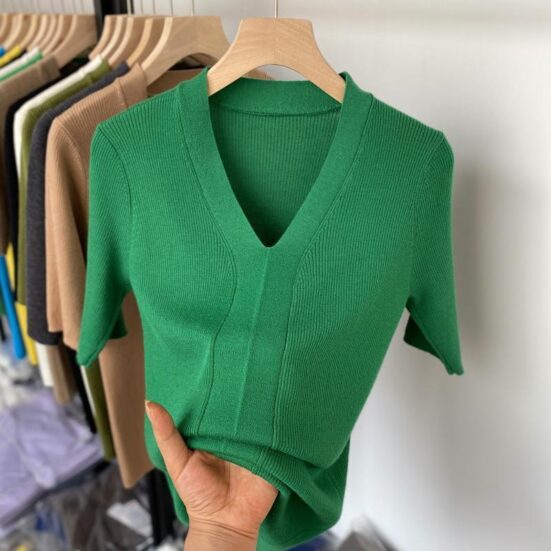 Ice Silk Slim Fit Slim Looking Base Knitwear Short Sleeve - Image 3
