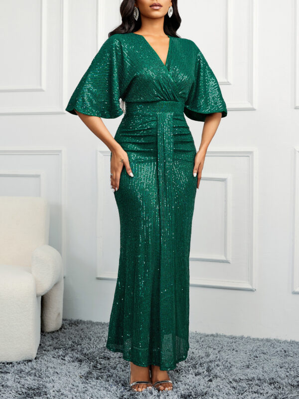 High Waist V-neck Pure Color Sequins Shoulder Sleeve Dress Women's Long Formal Dress - Image 3