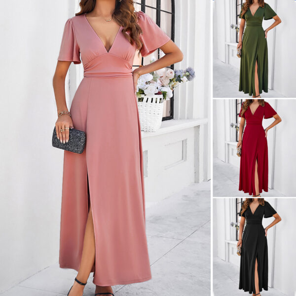 Women's Solid Color Elegant Slim V-neck Dress - Image 3