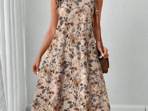 Round Neck Sleeveless Flared Hem Retro Floral Print Casual Elegant Midi Dress
