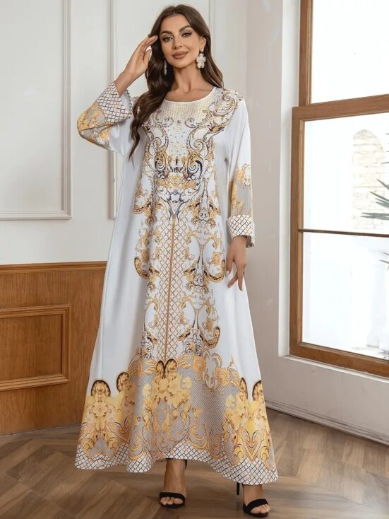 Ladies' Round Neck Rhinestone Decorative Print Long Abayalian Dress - Image 2