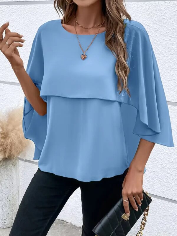 Solid Layered Cloak Sleeve Blouse, Versatile Crew Neck Blouse For Spring & Fall, Women's Clothing - Image 2
