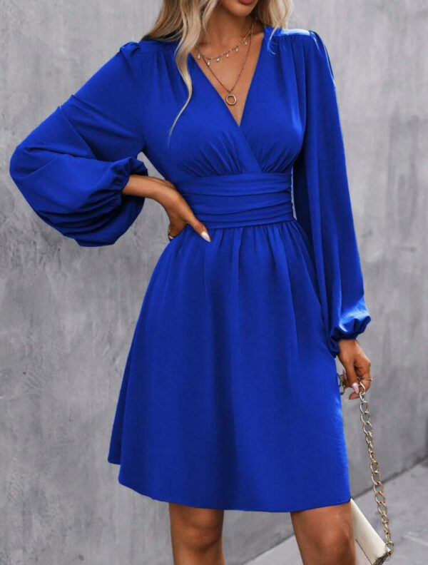 Foreign Trade Amazon Solid Color Chest Wrap V-neck Lantern Sleeve Dress - Image 3