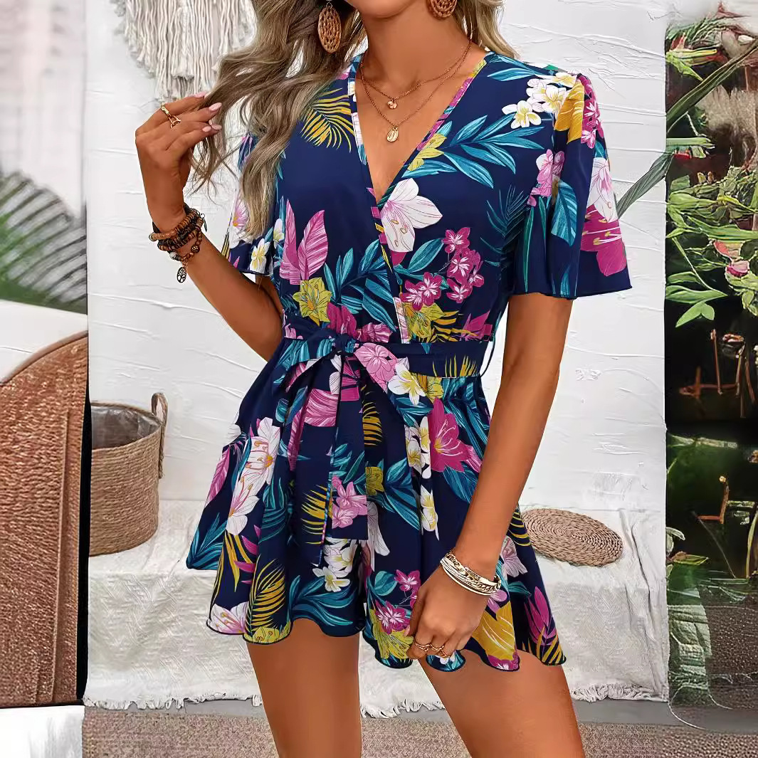 Beach Vacation Ruffle Sleeve Short Culottes Printed Jumpsuit - Image 3