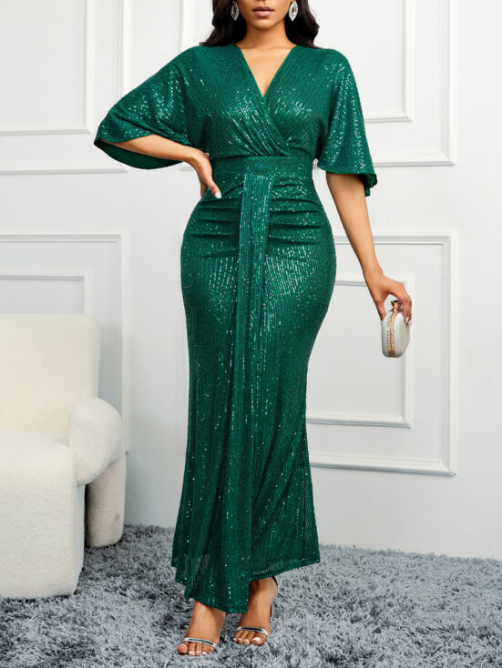 High Waist V-neck Pure Color Sequins Shoulder Sleeve Dress Women's Long Formal Dress - Image 8