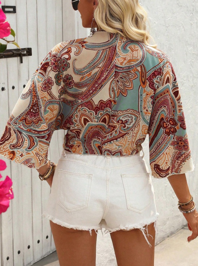 Women Bohemian Style Printed Long Sleeve Tie-Up Top - Image 5