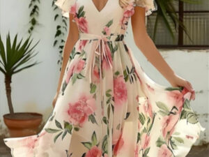 V-neck Mid-length Slim-fit Printed Dress