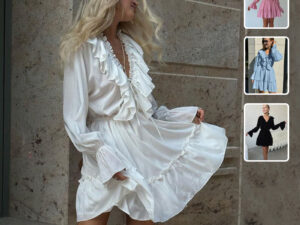 Fashion V Neck Pleated Ruffle Long Sleeve Dress Y2K V Neck Flared Sleeve Short Dress Women's Clothing
