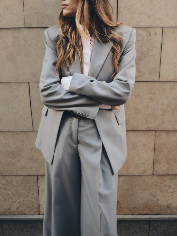 Gray Single-button Blazer & Wide-leg Pants Suit - Image 5