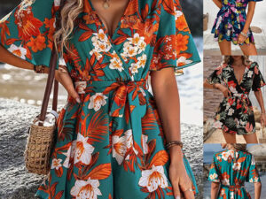 Beach Vacation Ruffle Sleeve Short Culottes Printed Jumpsuit