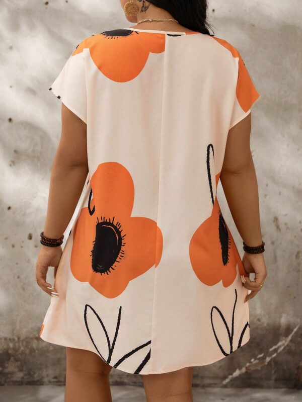 Plus Size Floral Print Notch Neck Batwing Sleeve Summer Dress - Image 5