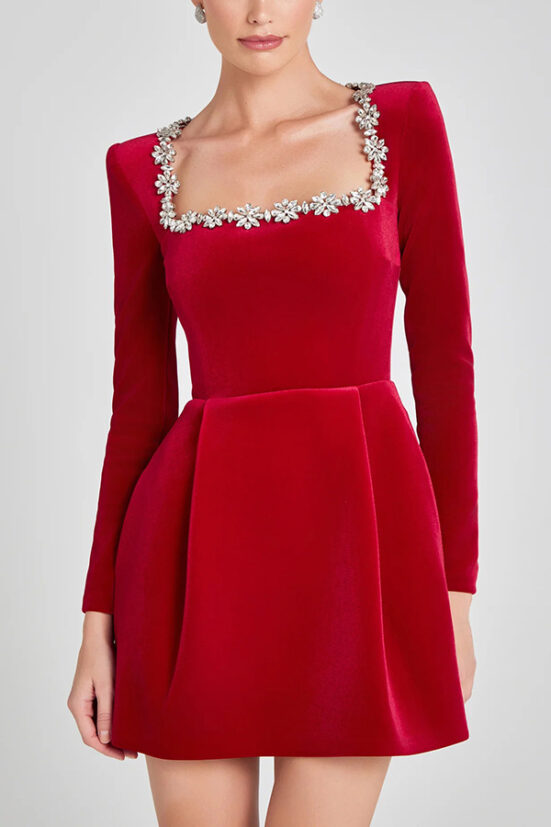 Elegant Square Neck Long-sleeved Dress With Flowers Rhinestone Design Fashion A-line Short Dresses Spring Clothing For Women - Image 5