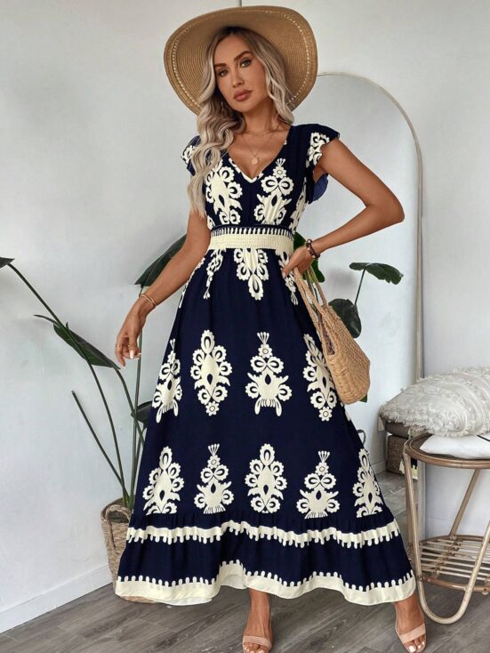 Trim Cap Sleeve Cinched Waist Ruffle Hem A-Line Dress - Image 5