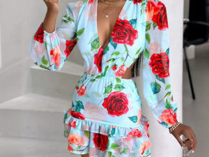 Fashion V-neck Fashion Women Hollow Out Printed Dress