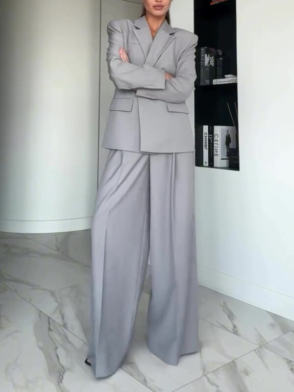 Gray Single-button Blazer & Wide-leg Pants Suit - Image 2