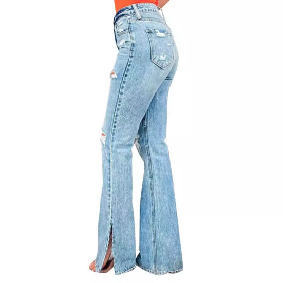 Ladies Jeans High Waist Ripped Slightly Stretch Split Trousers - Image 3