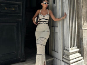 Women's Knitted Contrast Color Sling Dress Hollow Out