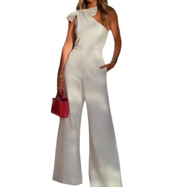 Slant Shoulder Collar Waist Solid Color Wide Leg Jumpsuit Women - Image 4